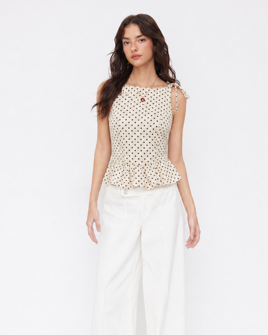 Polka Dot Peplum Top in Pearl White