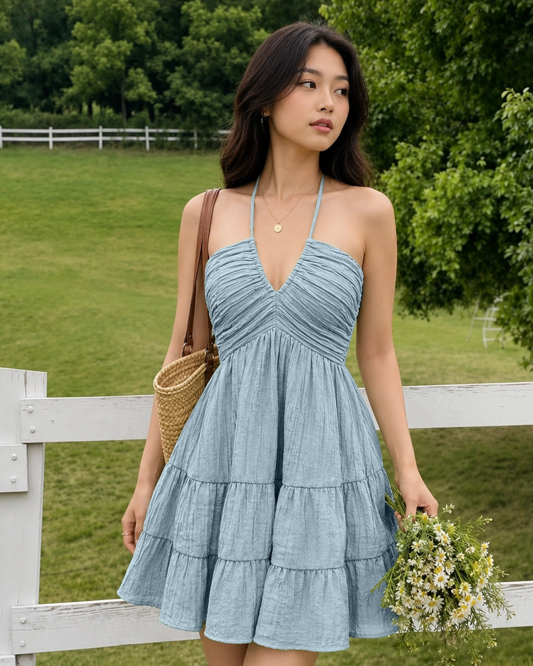 Halter Neck Tiered Ruffle Mini Dress in Dusty Blue