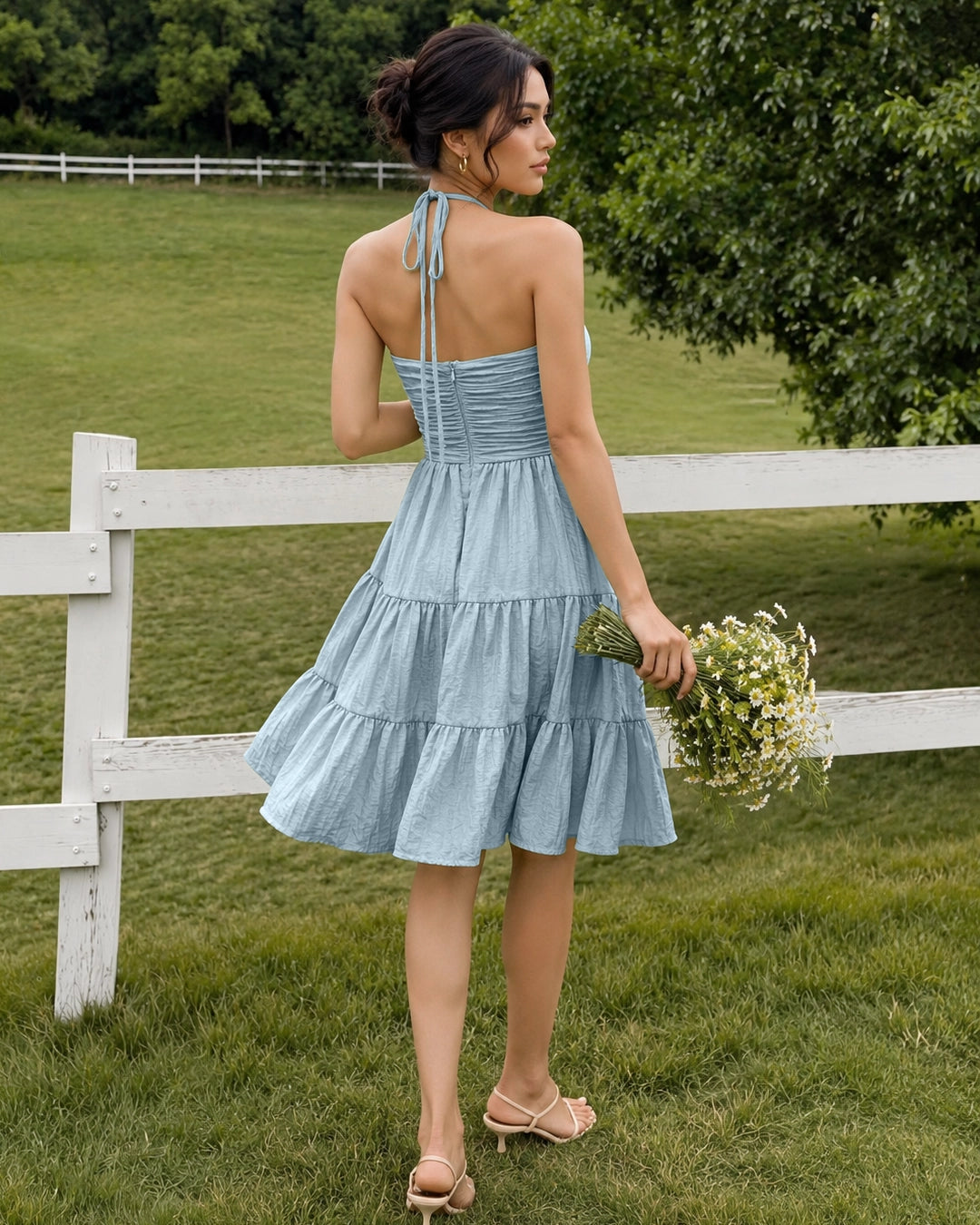 Halter Neck Tiered Ruffle Mini Dress in Dusty Blue