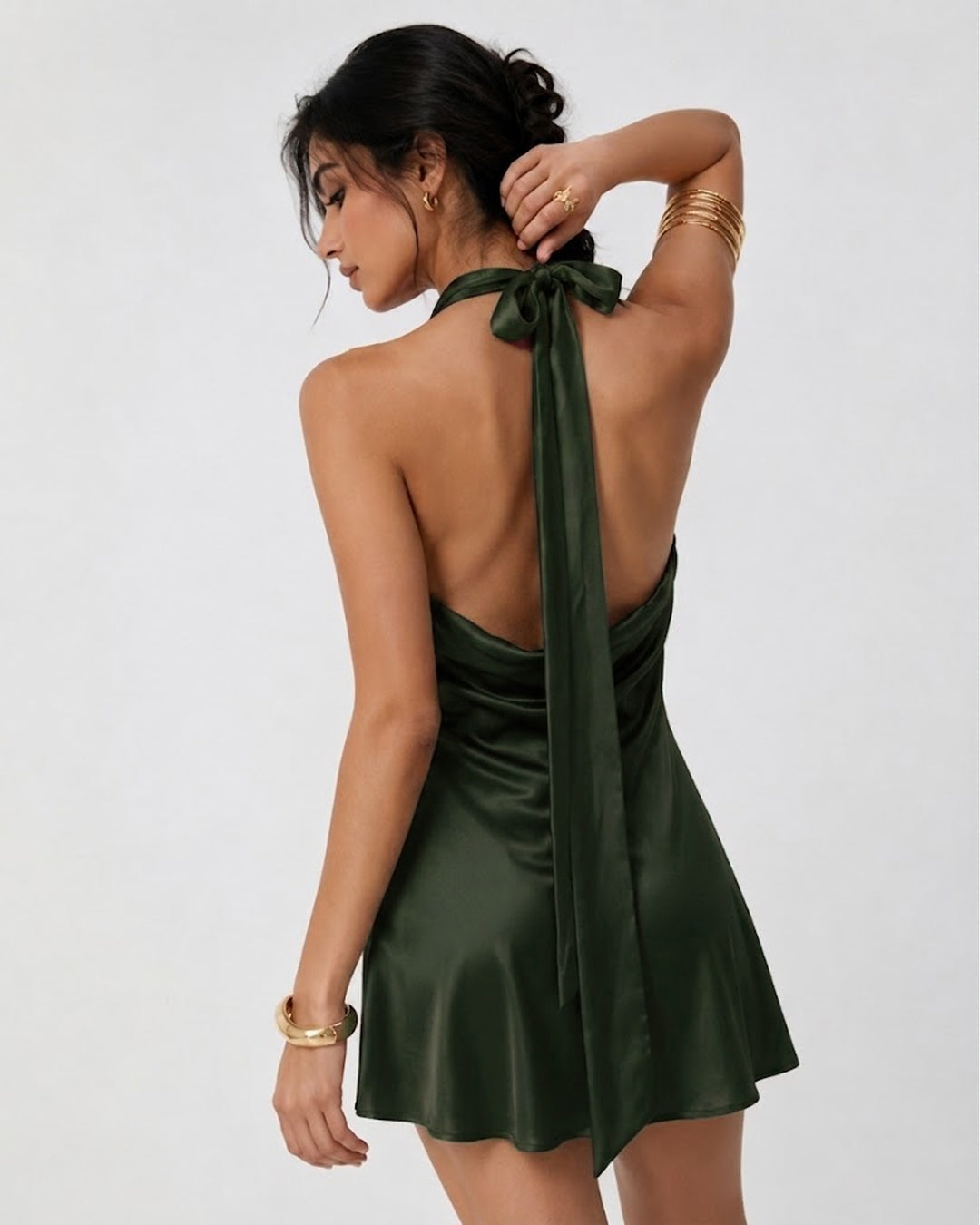 Cowl Neck Draped Mini Dress in Dark Green