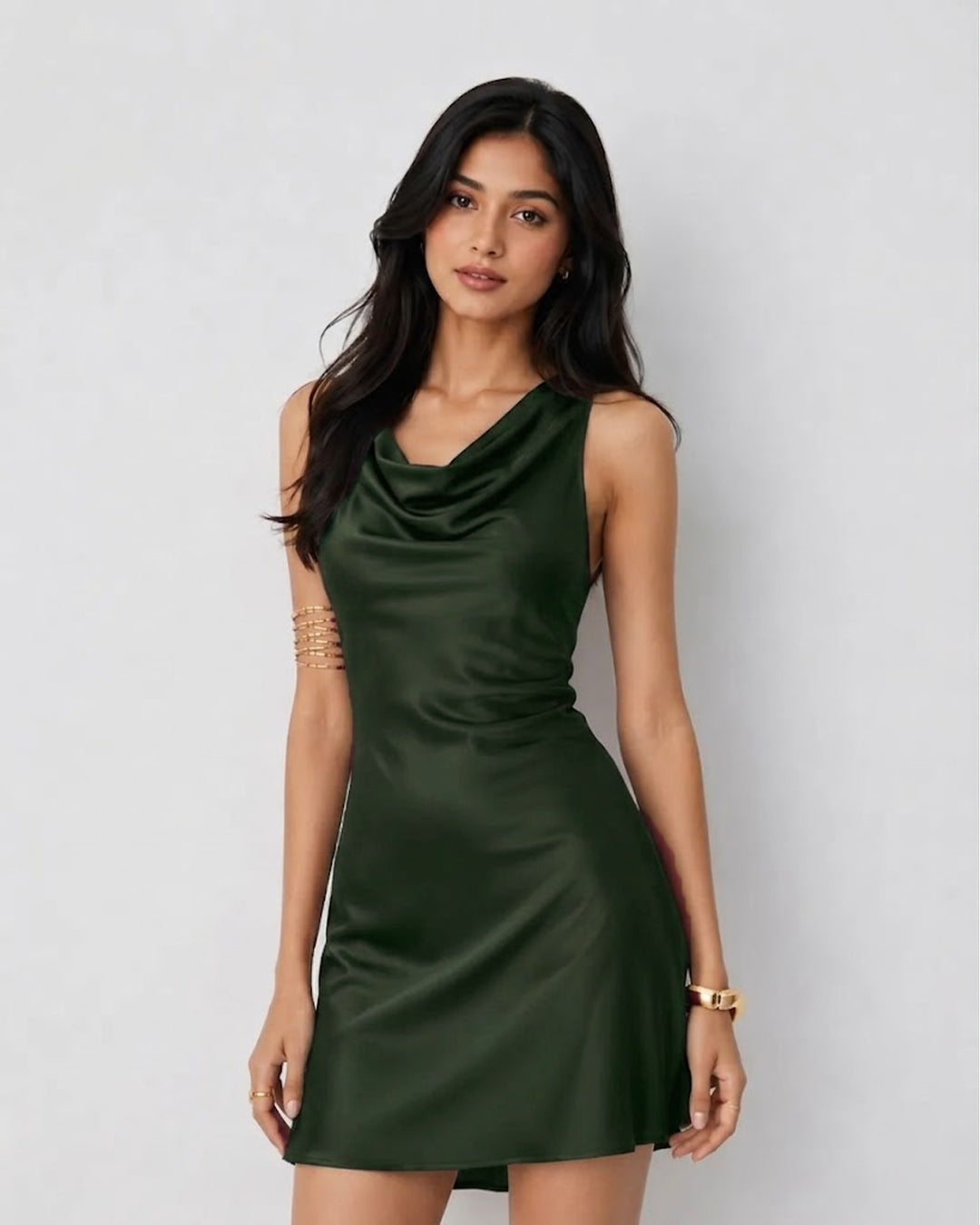 Cowl Neck Draped Mini Dress in Dark Green