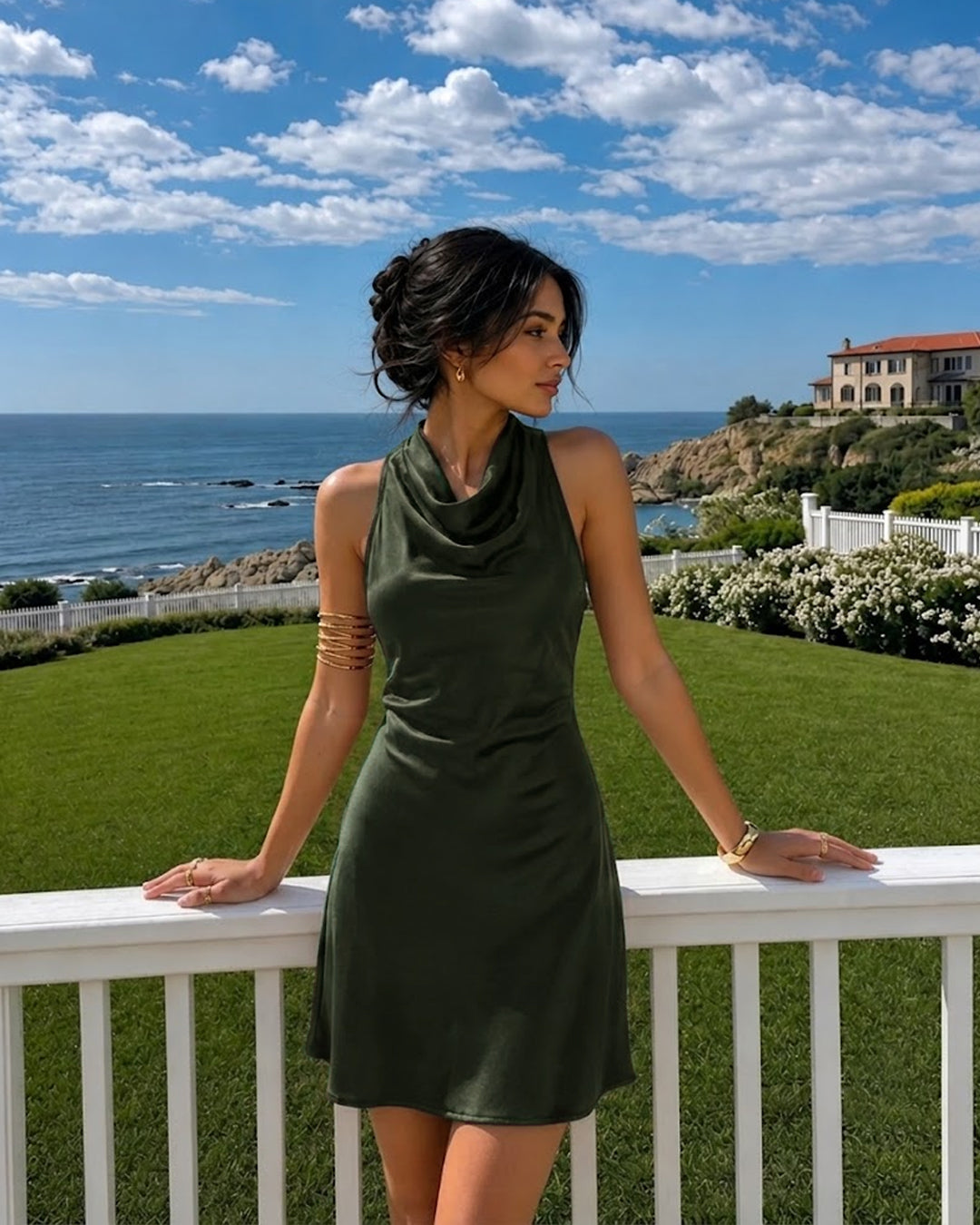 Cowl Neck Draped Mini Dress in Dark Green