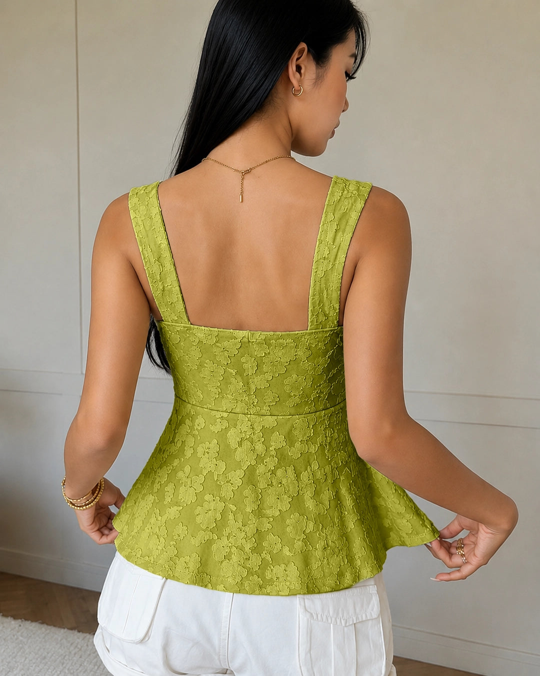 Sweetheart Sleeveless Drawstring Ruffle Top in Dark Citron
