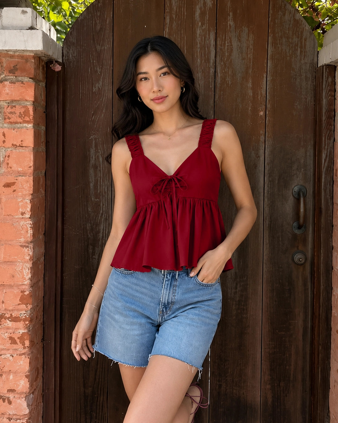 Tie Front Peplum Cami Top in Crimson Red
