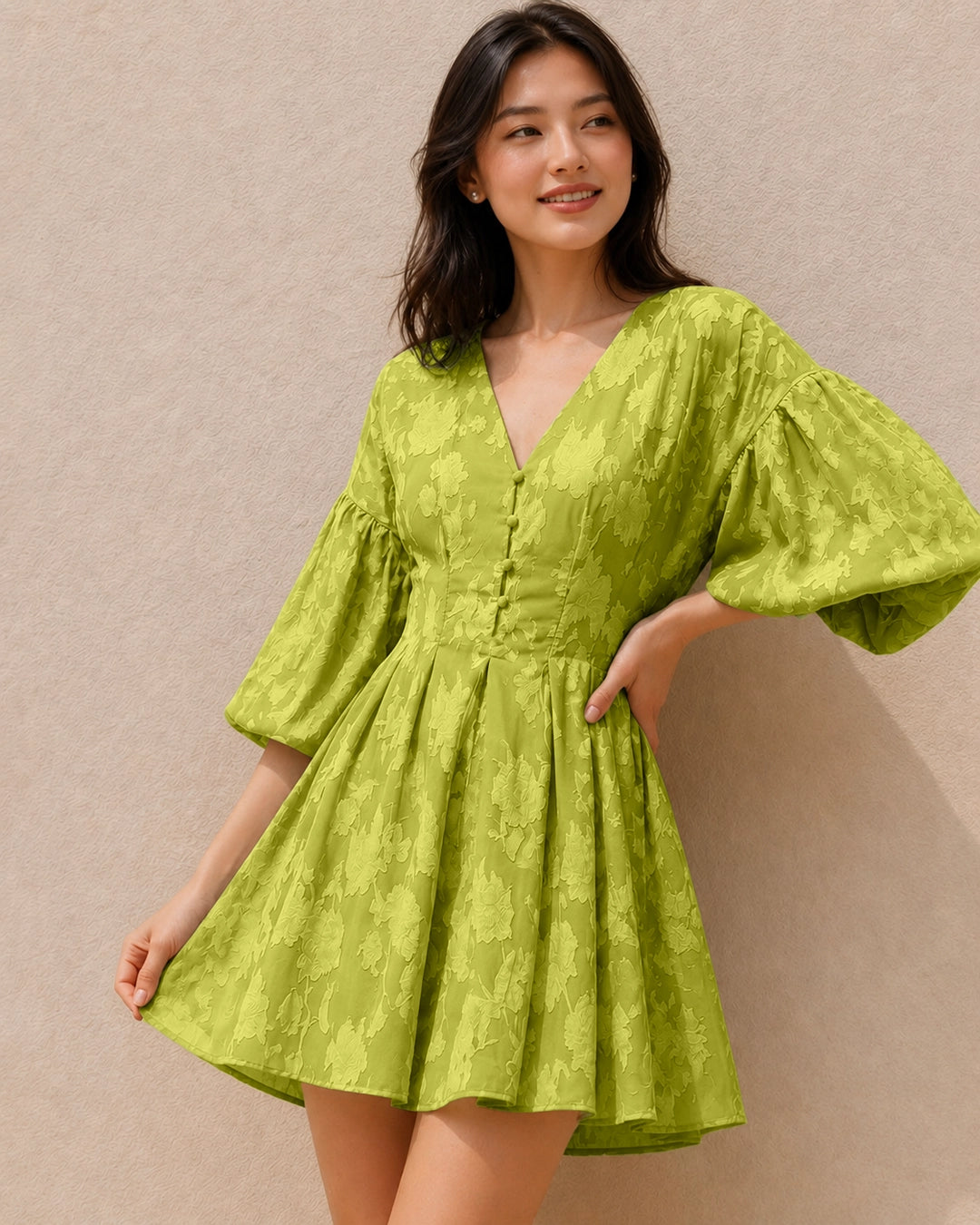 Embroidery Floral Puff Sleeve Ruffle Hem Mini Dress in Dark Citron
