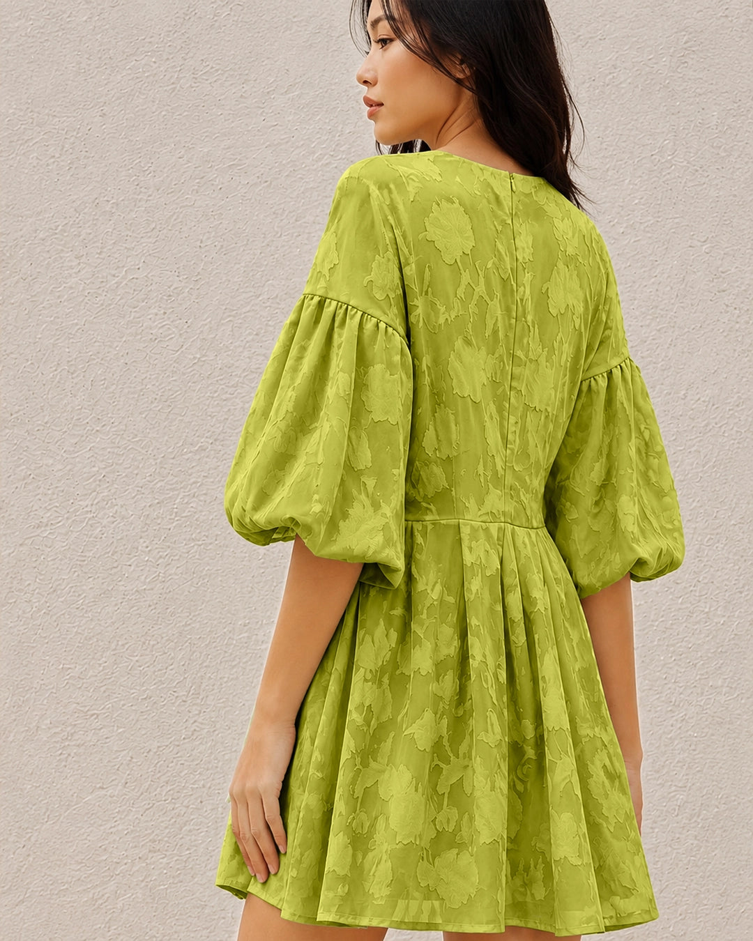 Embroidery Floral Puff Sleeve Ruffle Hem Mini Dress in Dark Citron