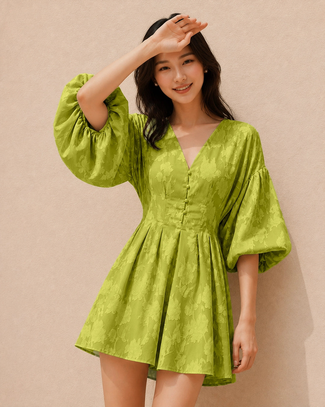 Embroidery Floral Puff Sleeve Ruffle Hem Mini Dress in Dark Citron