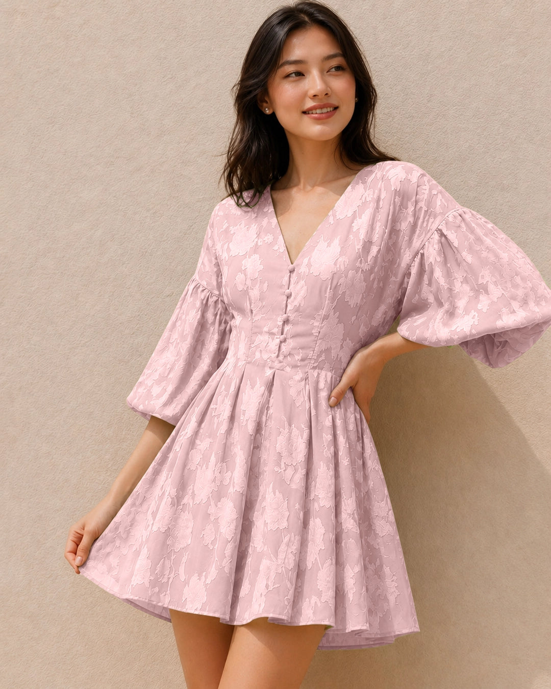 Embroidery Floral Puff Sleeve Ruffle Hem Mini Dress in Pink