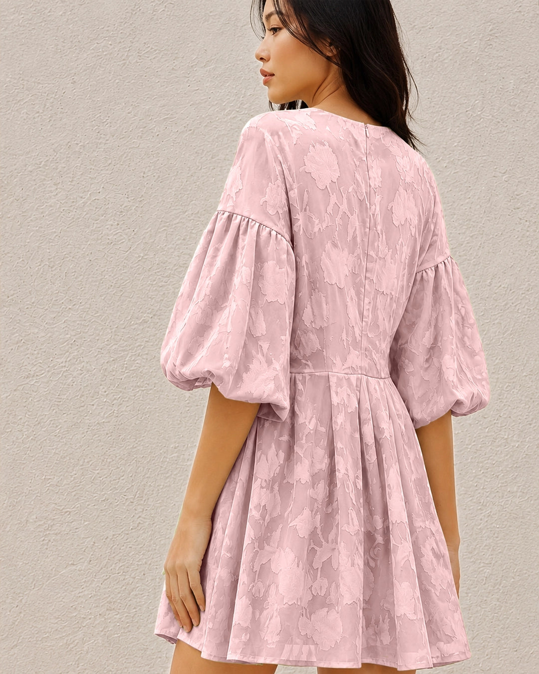 Embroidery Floral Puff Sleeve Ruffle Hem Mini Dress in Pink