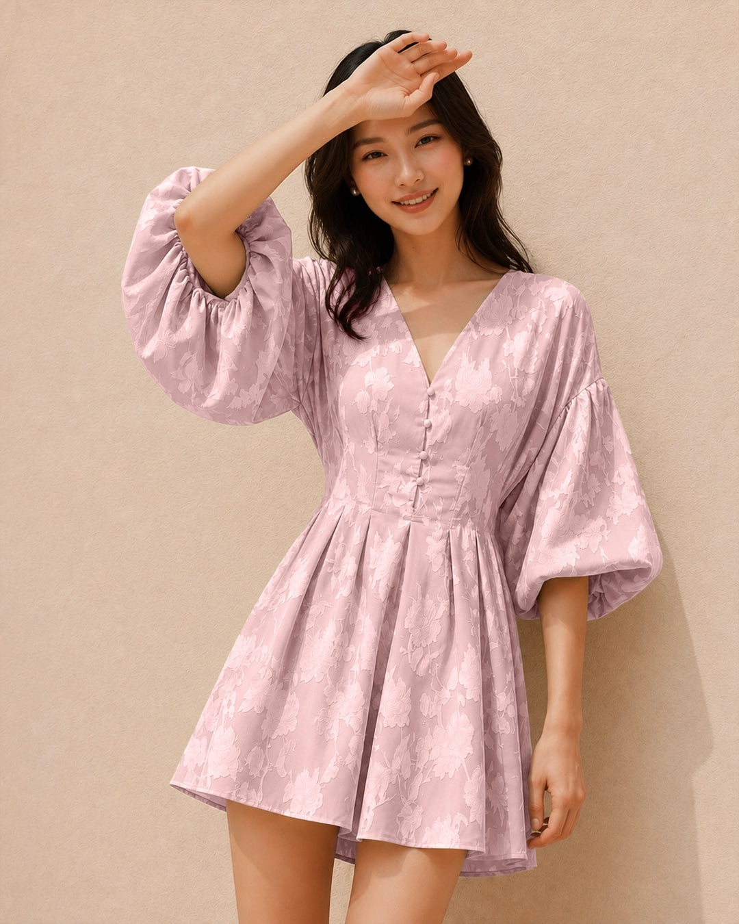 Embroidery Floral Puff Sleeve Ruffle Hem Mini Dress in Pink