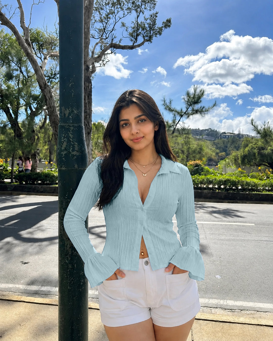 Tailored V-Neck Peplum Top Curve & Plus in Powder Blue