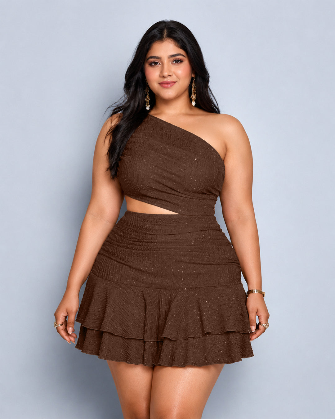 One Shoulder Cut-Out Ruffle Hem Mini Dress Curve & Plus in Shimmer Brown