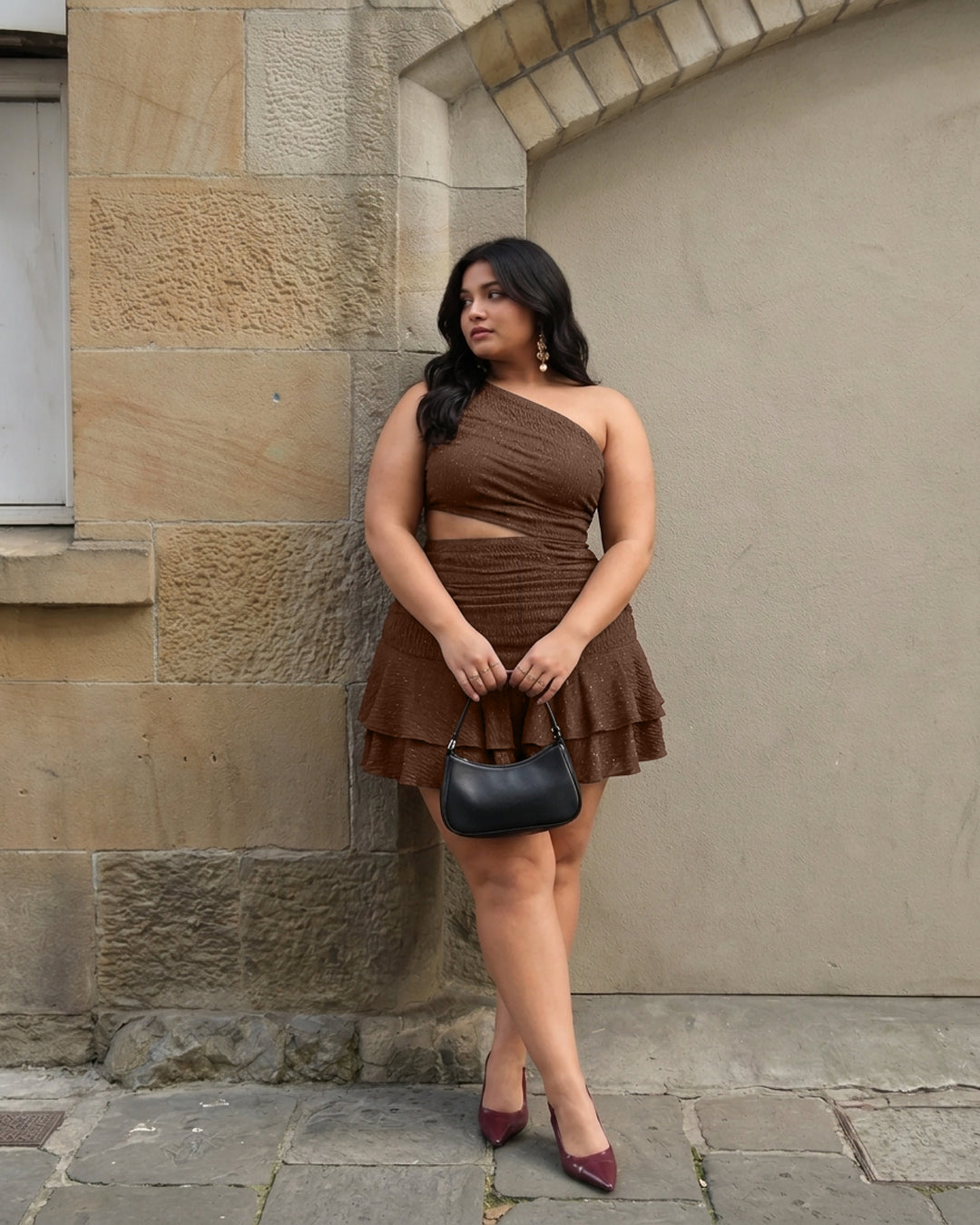 One Shoulder Cut-Out Ruffle Hem Mini Dress Curve & Plus in Shimmer Brown