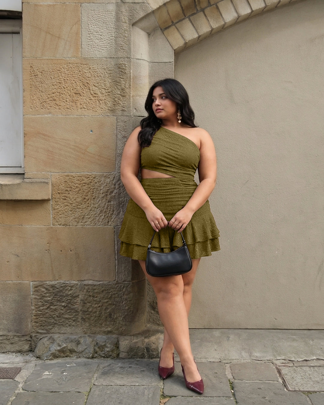 One Shoulder Cut-Out Ruffle Hem Mini Dress Curve & Plus in Olive Green