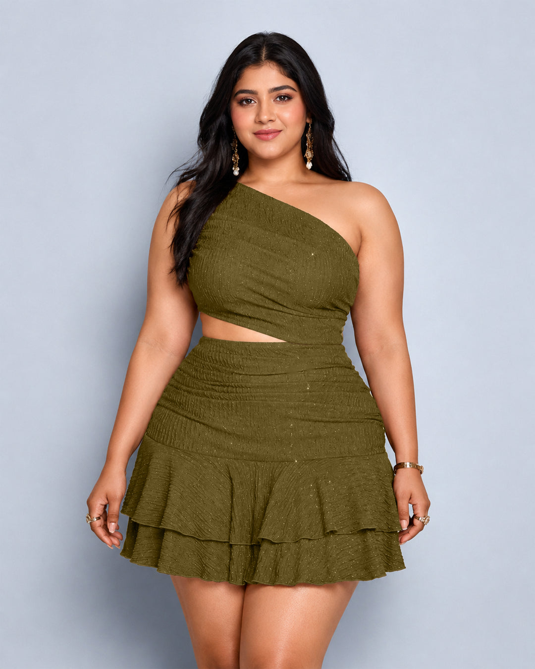 One Shoulder Cut-Out Ruffle Hem Mini Dress Curve & Plus in Olive Green
