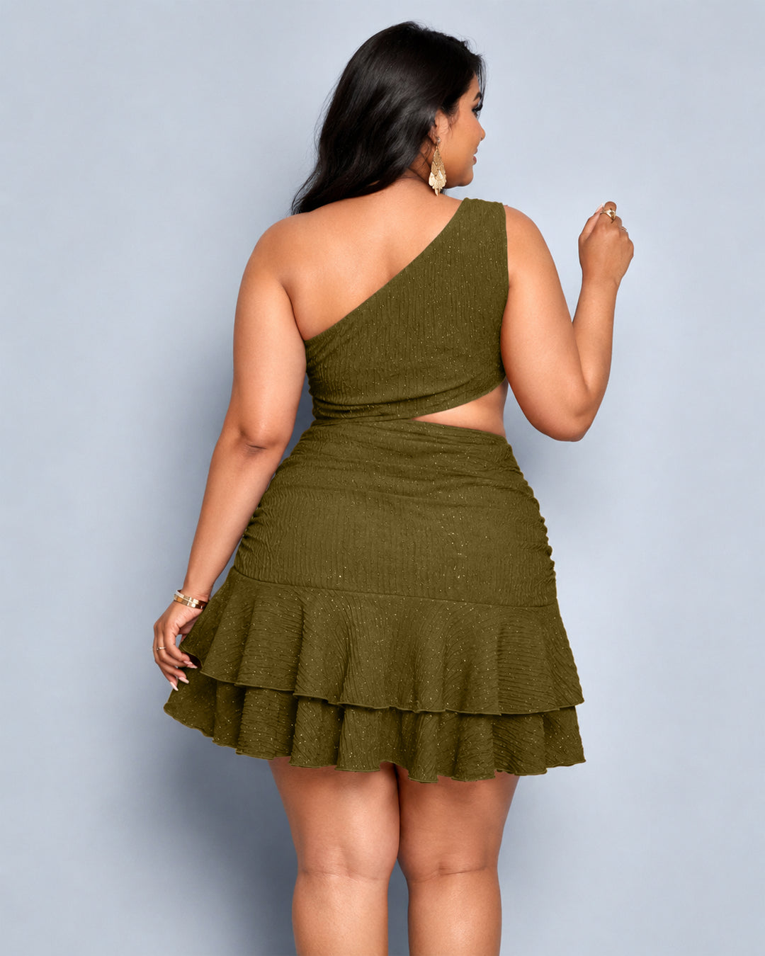 One Shoulder Cut-Out Ruffle Hem Mini Dress Curve & Plus in Olive Green