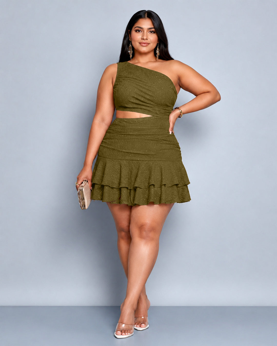 One Shoulder Cut-Out Ruffle Hem Mini Dress Curve & Plus in Olive Green