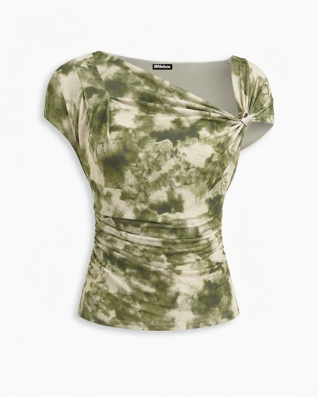 Asymmetric Neck Curved Hem Half Sleeve Top in Olive Green