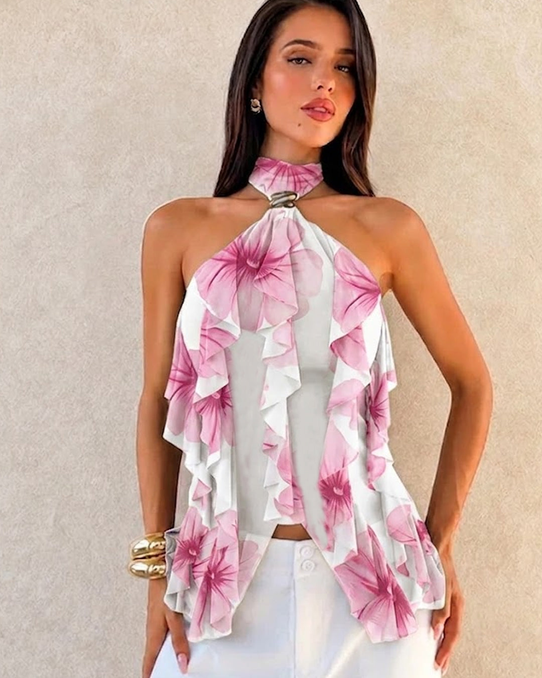 Halter Neck Asymmetric Ruffle Hem Top in Classic White and Blush Pink