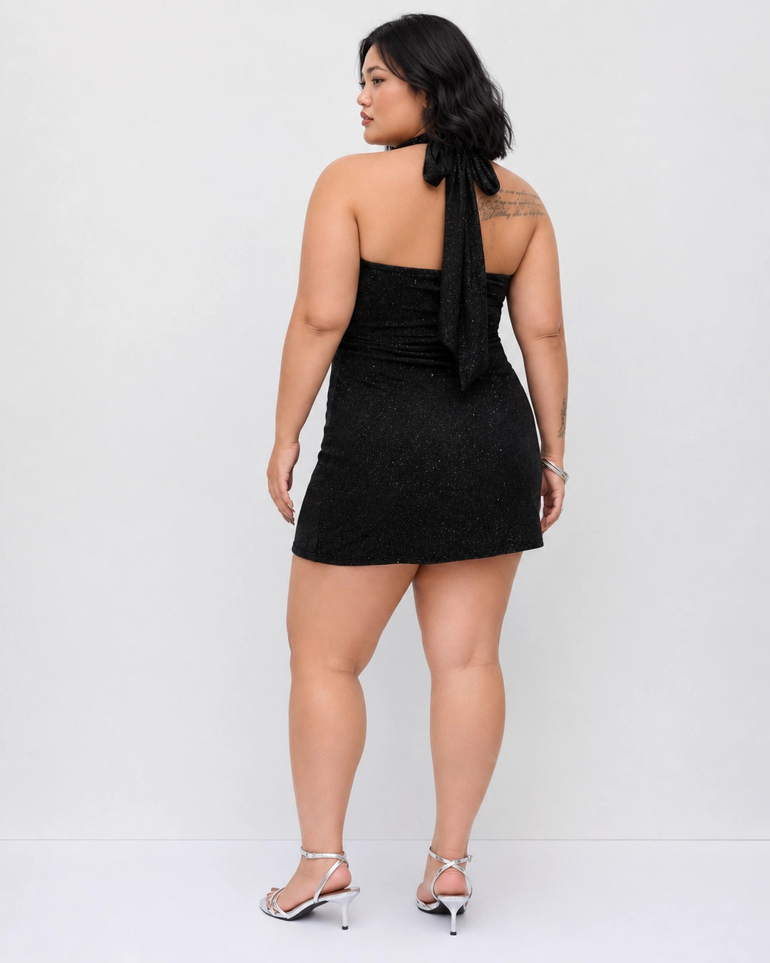 Halter Neck Sequin Asymmetric Mini Dress Curve and Plus in Soft Black