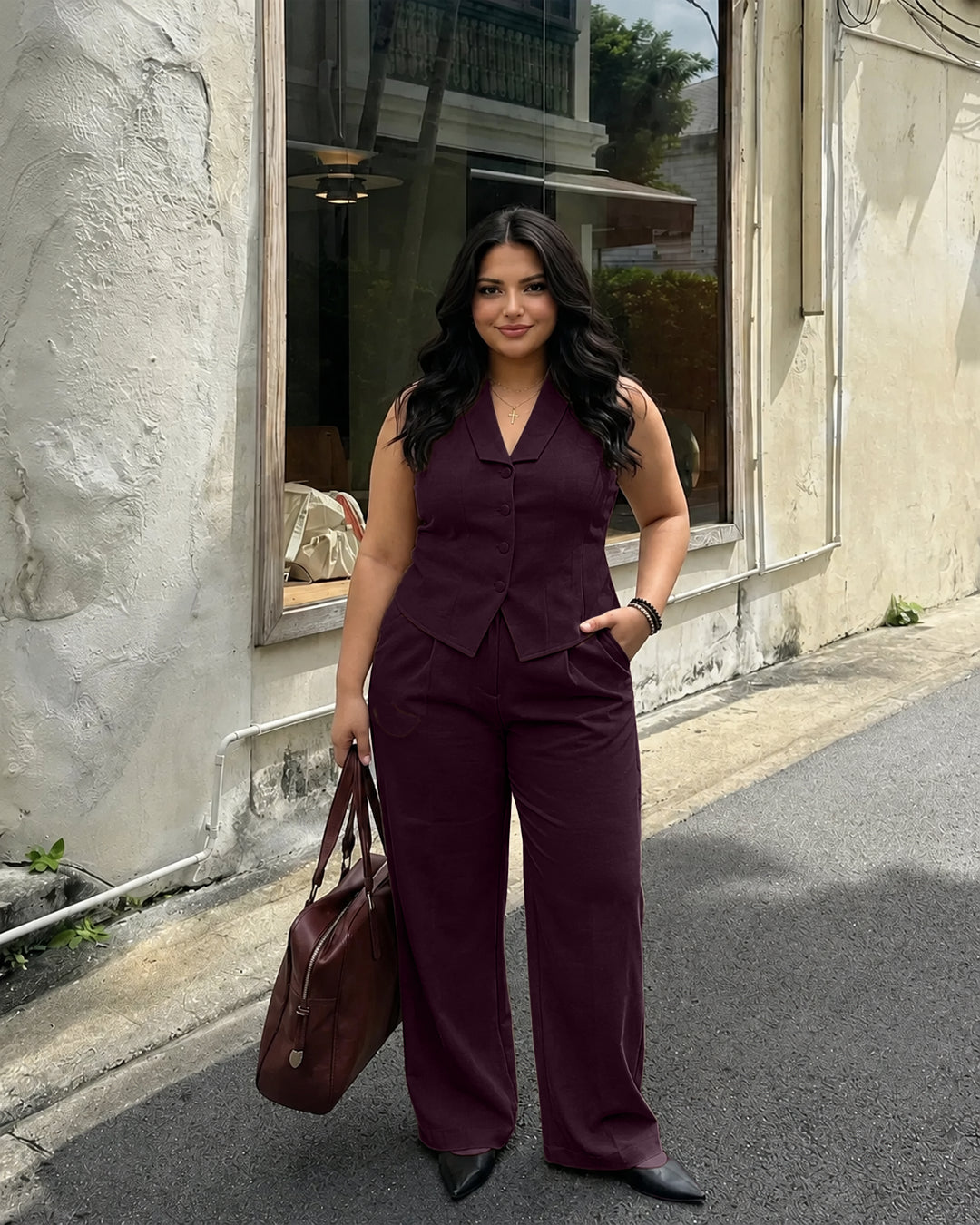 Sleeveless Tailored Vest & Wide Leg Trousers Co-Ord Set Curve and Plus in Purple
