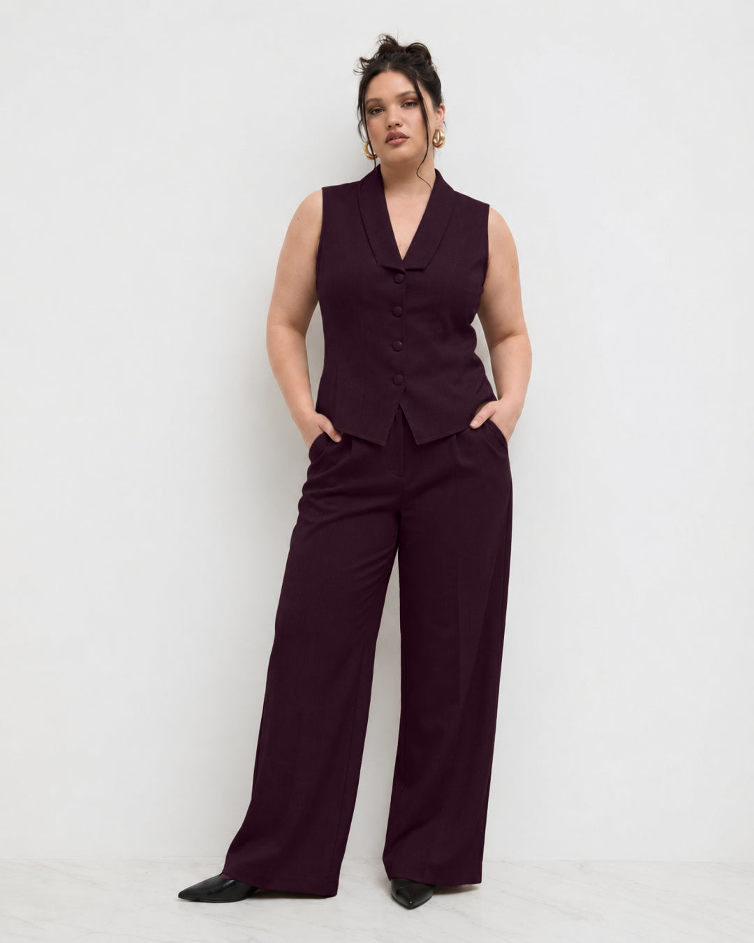 Sleeveless Tailored Vest & Wide Leg Trousers Co-Ord Set Curve and Plus in Purple