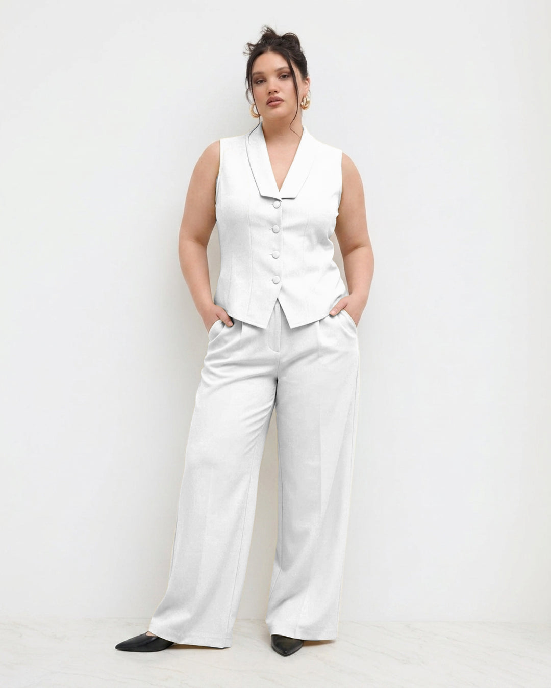 Sleeveless Tailored Vest & Wide Leg Trousers Co-Ord Set Curve and Plus in White