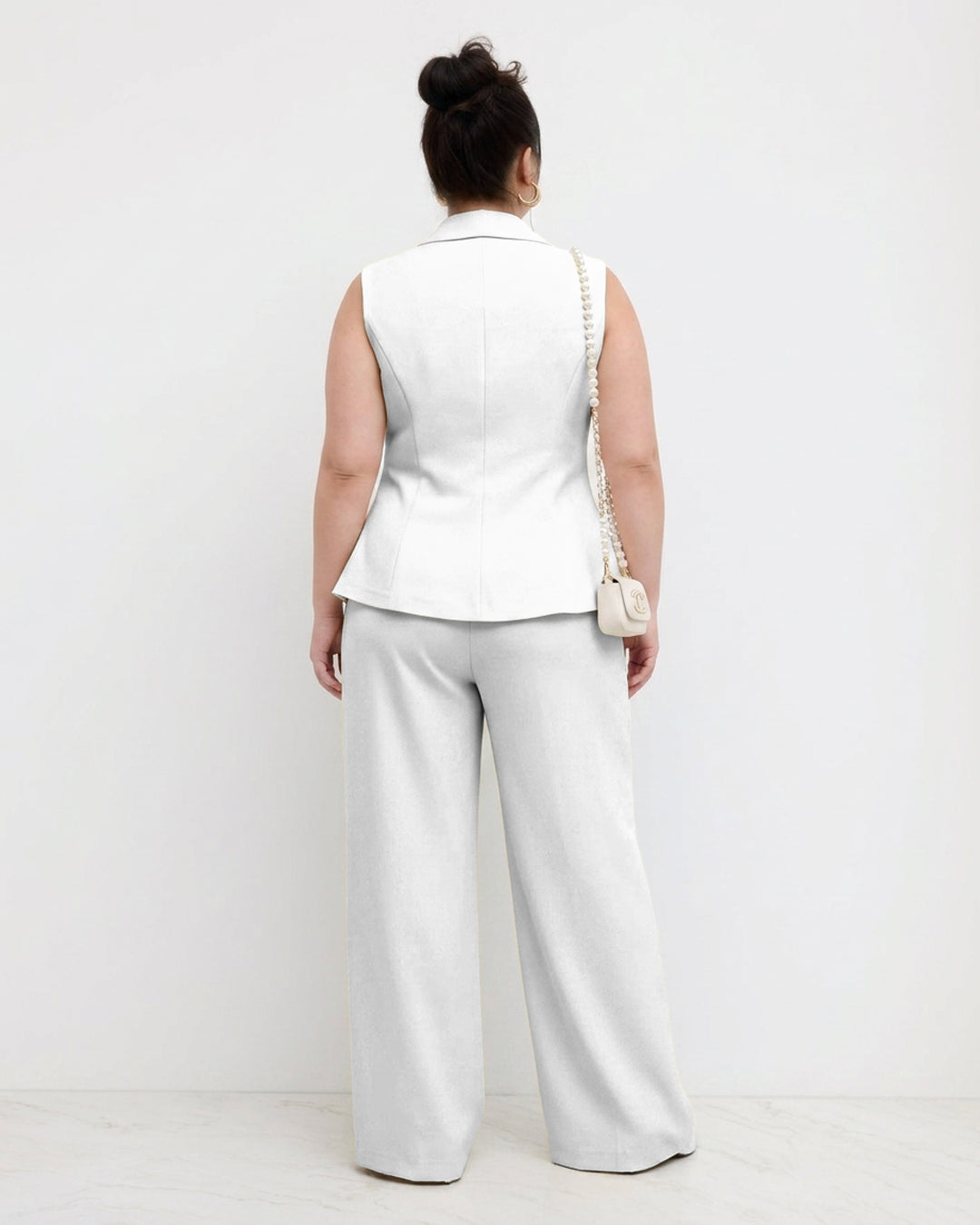 Sleeveless Tailored Vest & Wide Leg Trousers Co-Ord Set Curve and Plus in White