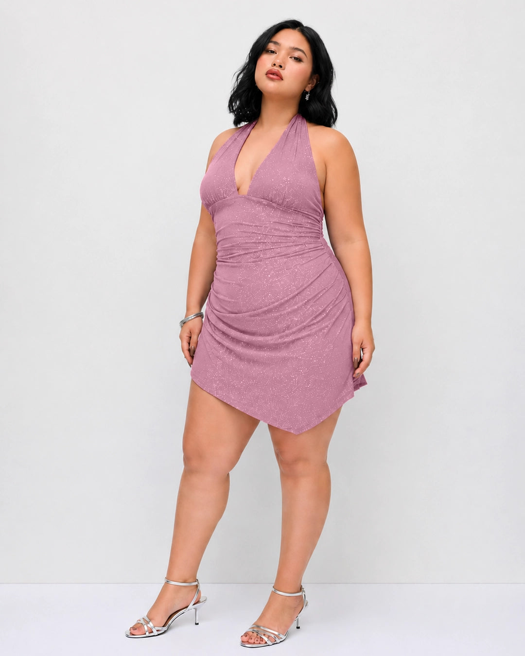Halter Neck Asymmetric Mini Dress Curve and Plus in Dusty Pink