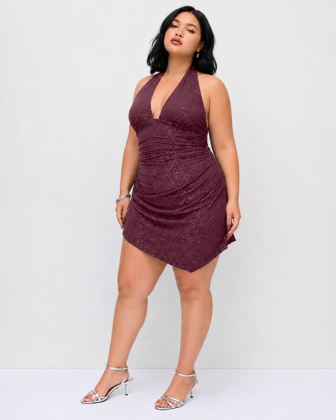 Halter Neck Shimmer Asymmetric Mini Dress Curve and Plus in Wine Maroon