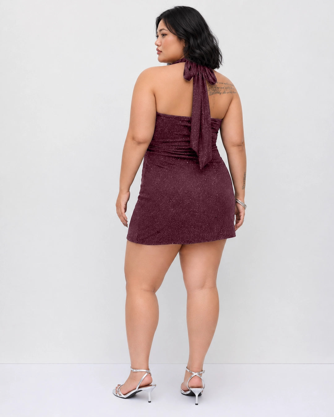 Halter Neck Shimmer Asymmetric Mini Dress Curve and Plus in Wine Maroon