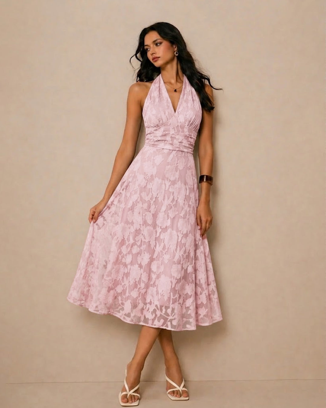 Floral Textured Halter Neck Waisted Midi Dress in Powder Pink