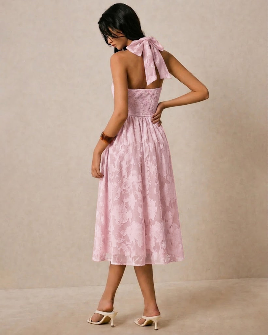 Floral Textured Halter Neck Waisted Midi Dress in Powder Pink