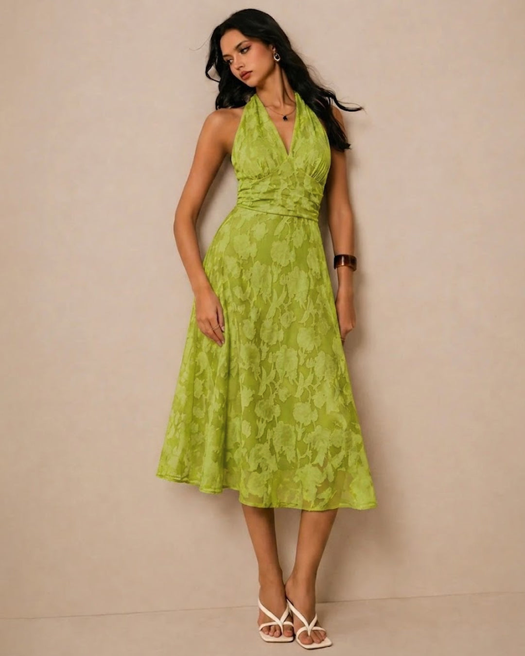 Floral Textured Halter Neck Waisted Midi Dress in Dark Citron