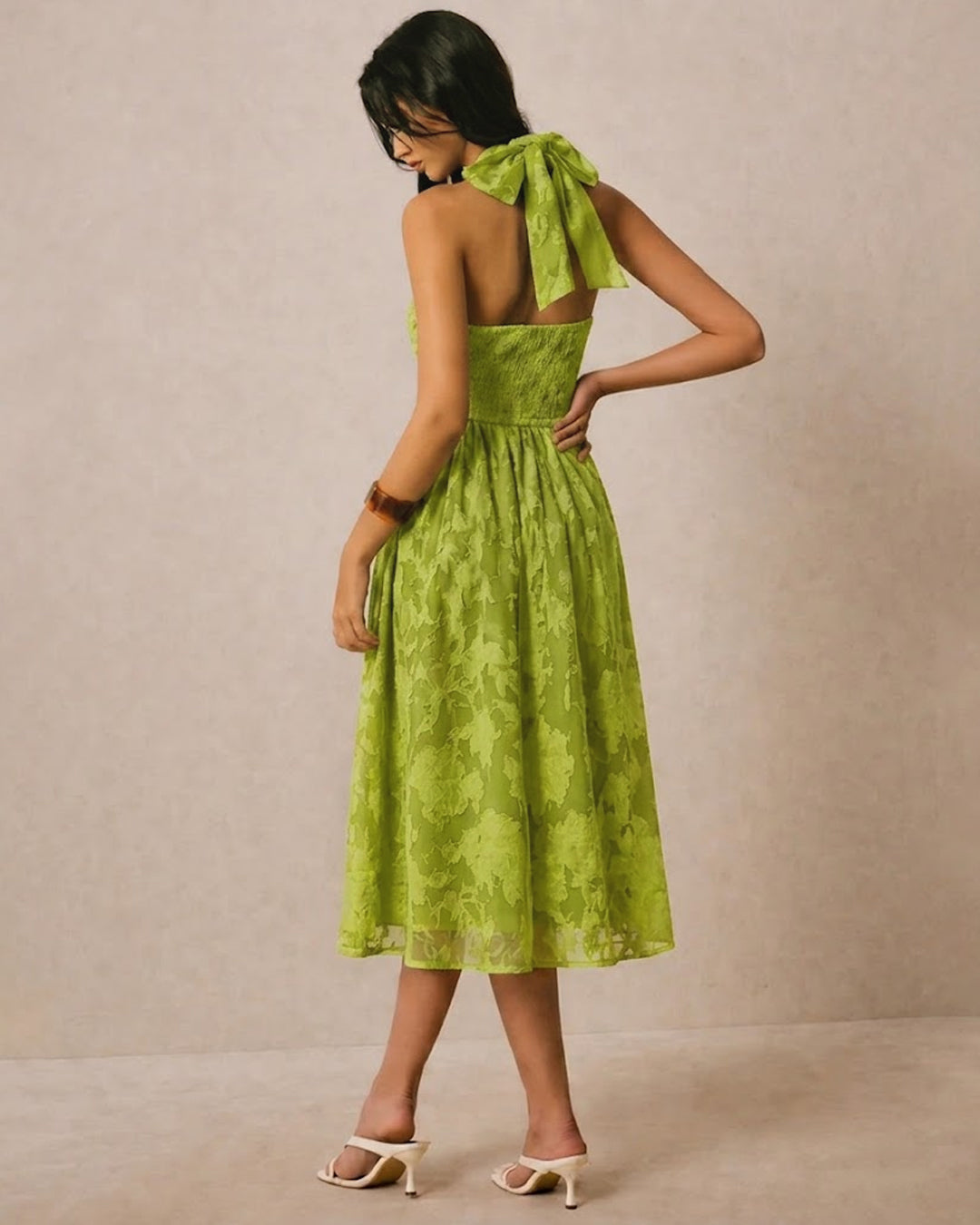 Floral Textured Halter Neck Waisted Midi Dress in Dark Citron