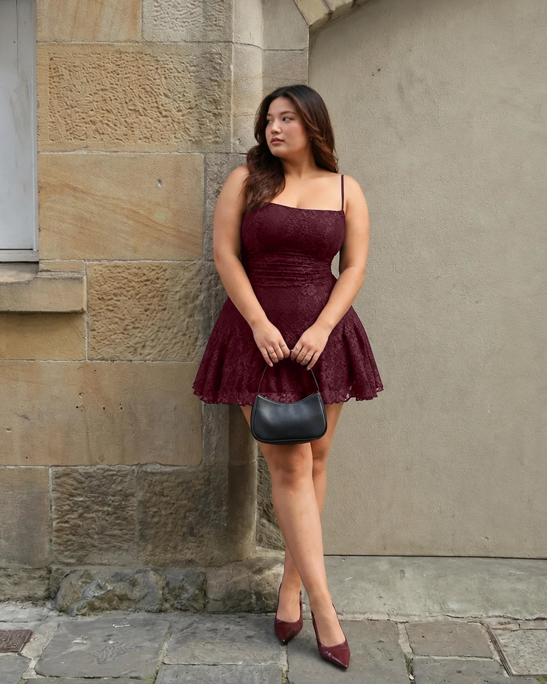 Lace Square Neck Fit and Flare Mini Dress Curve and Plus in Merlot