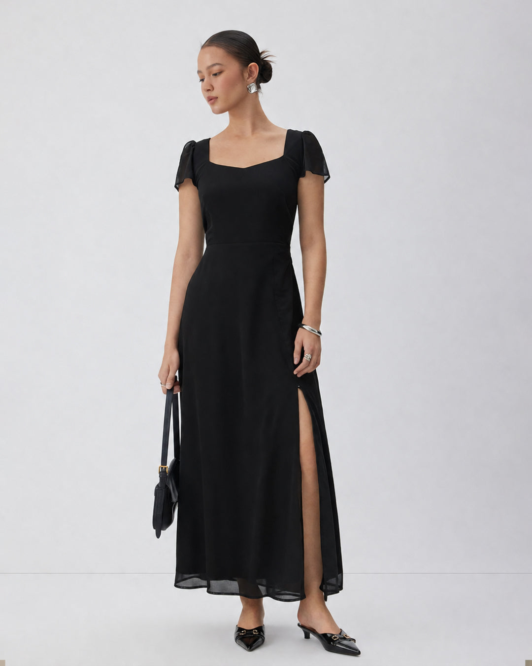Bow Back Sweetheart Neck Maxi Dress in Soft Black