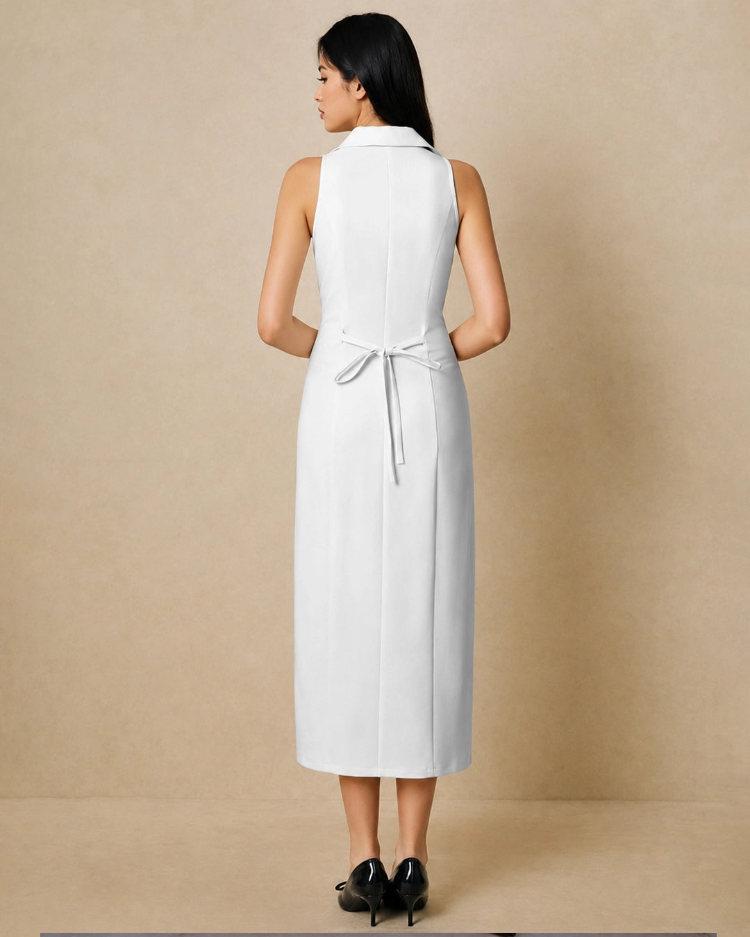 Lapel Collared Sleeveless Midi Dress in Classic White