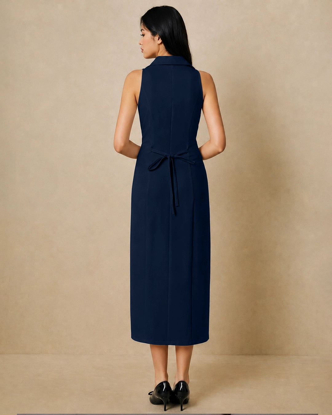 Lapel Collared Sleeveless Midi Dress in Dark Navy Blue