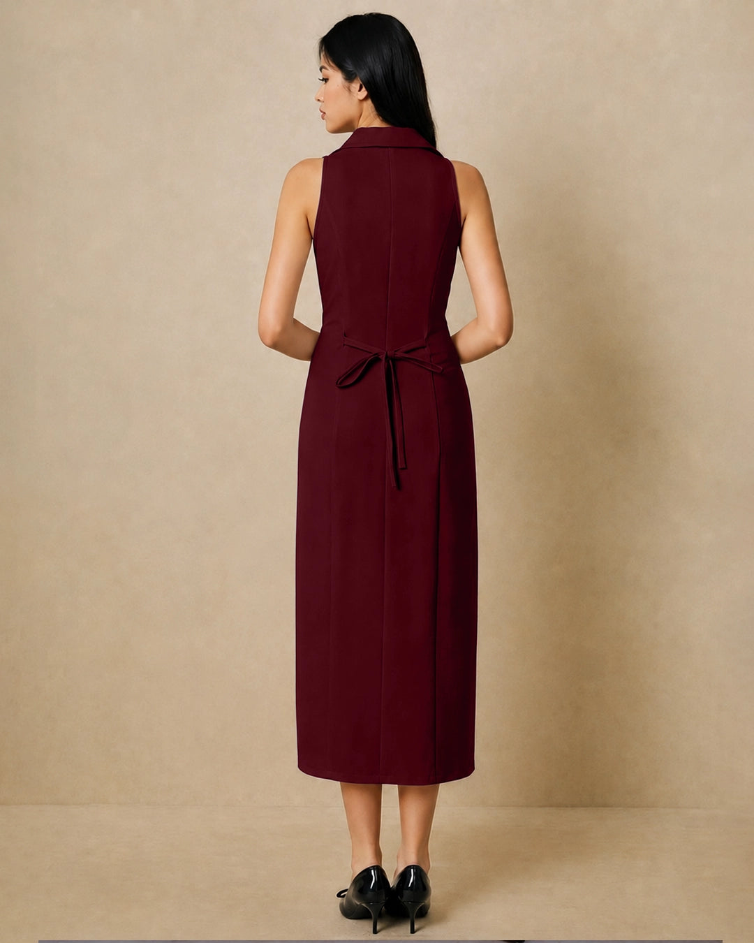 Lapel Collared Sleeveless Midi Dress in Cherry