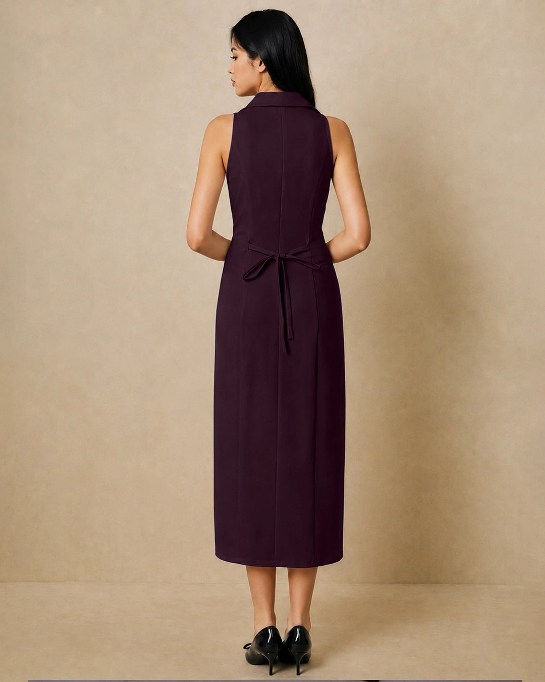 Lapel Collared Sleeveless Midi Dress in Deep Wine
