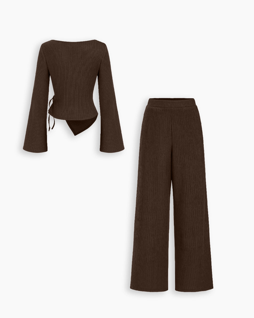 Wrap Tie Top and Wide Leg Trouser Co-Ord Set in Cocoa Brown