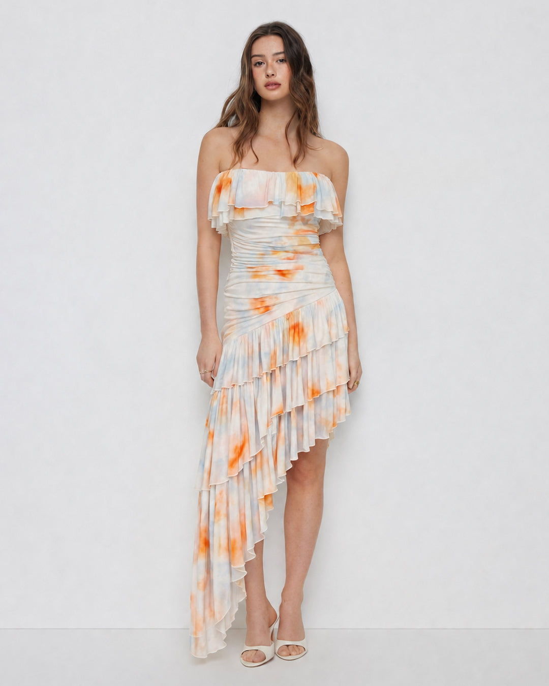 Strapless Ruffle Asymmetric Dress in Pearl White