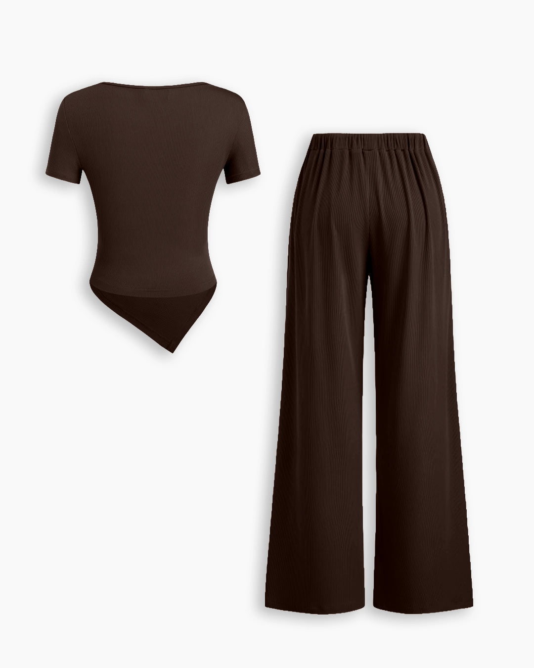 Wrap Asymmetric Top and Wide Leg Trousers Co-Ord Set in Chocolate Brown