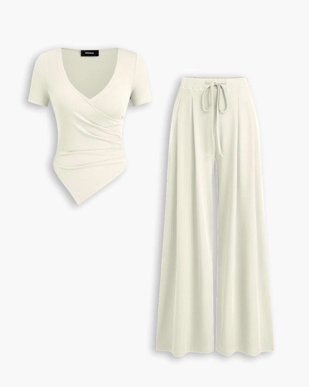 Wrap Asymmetric Top and Wide Leg Trousers Co-Ord Set in Pearl White