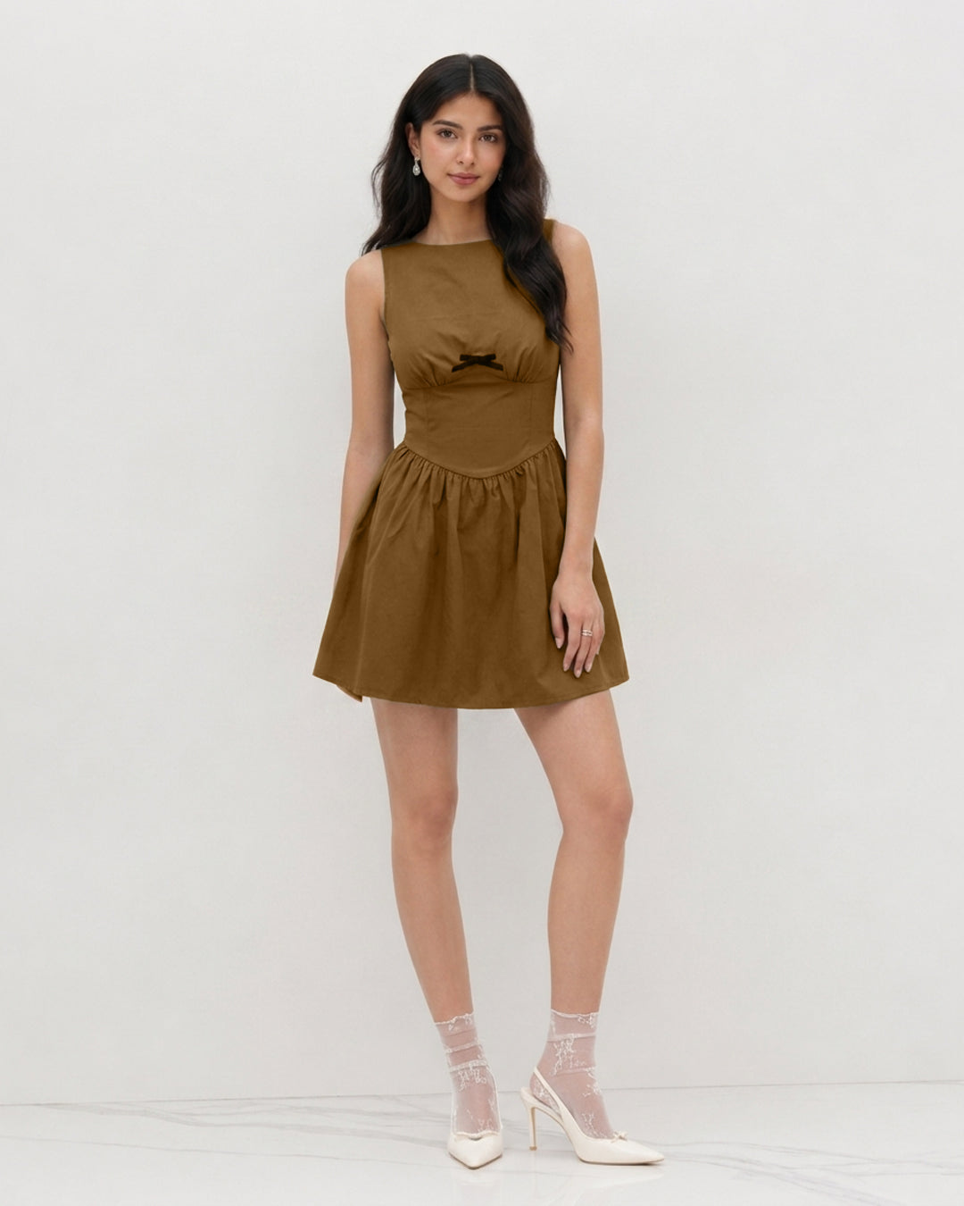 Bow Detail Fit and Flare Mini Dress in Caramel Brown