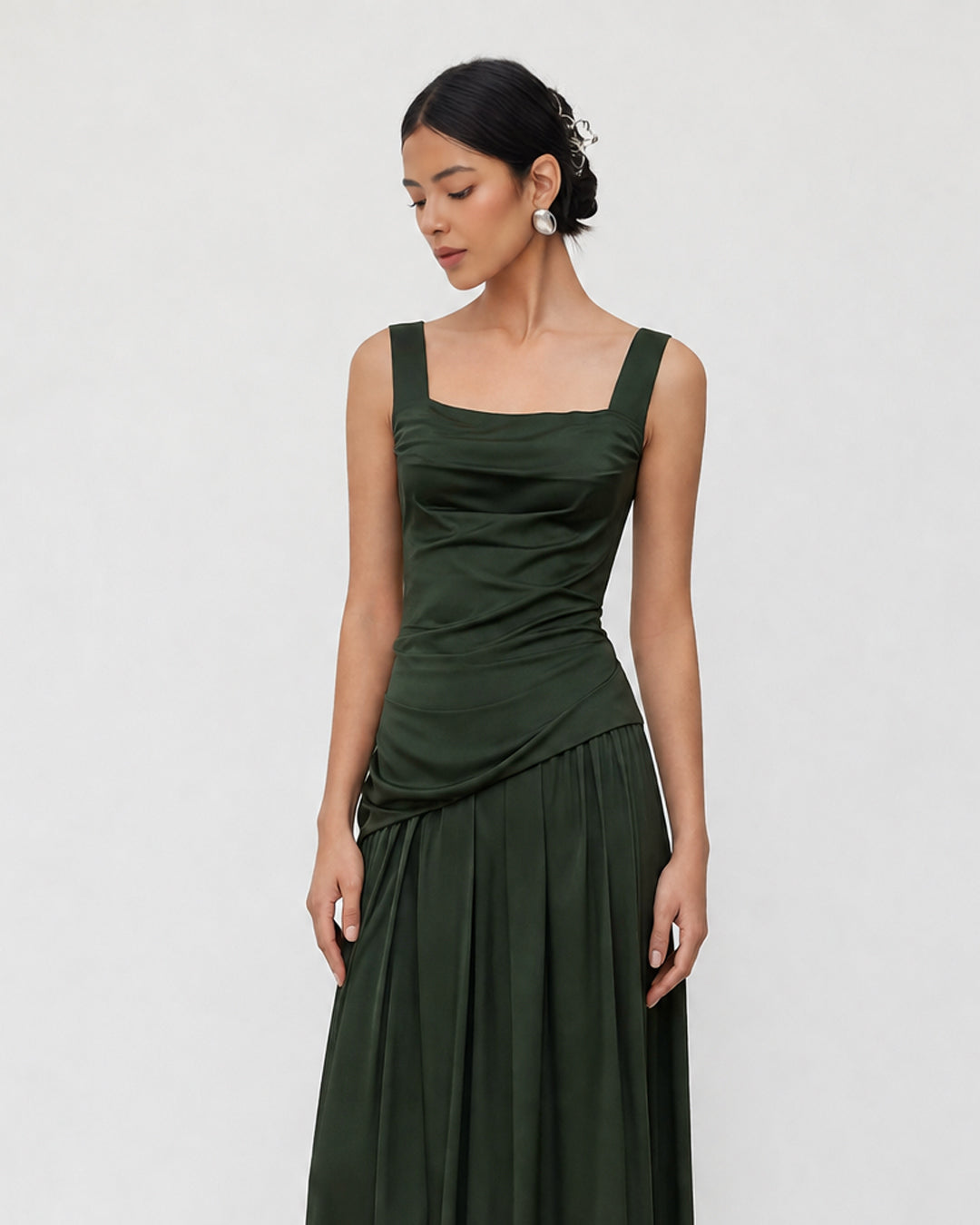 Ruched Fit and Flare Maxi Dress in Dark Green