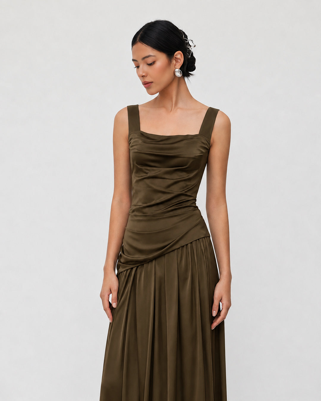 Ruched Fit and Flare Maxi Dress in Cocoa Brown