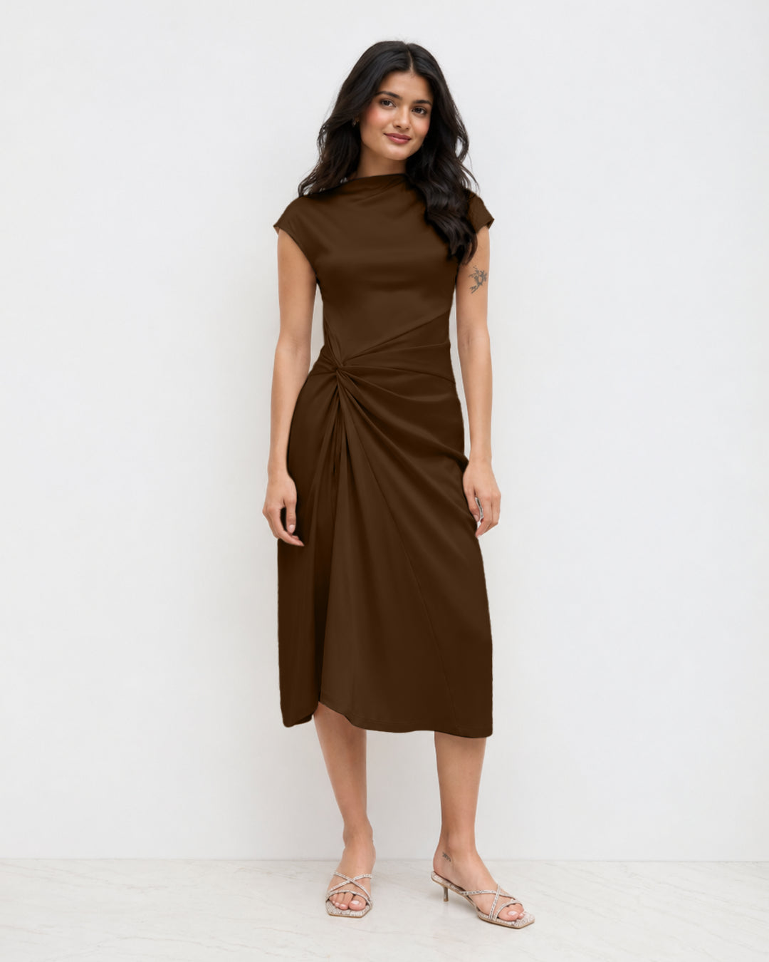 Ruched Drape Midi Dress in Espresso Brown