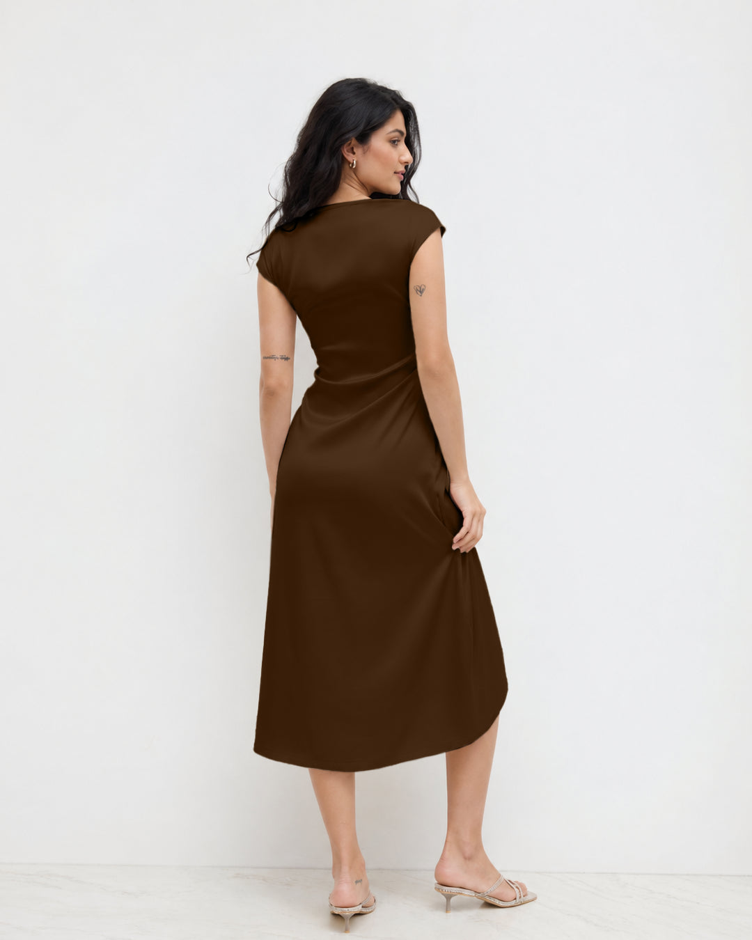 Ruched Drape Midi Dress in Espresso Brown